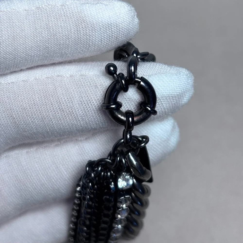 1937 Cubic Zirconia & Curb Chain Layered Black Bracelet